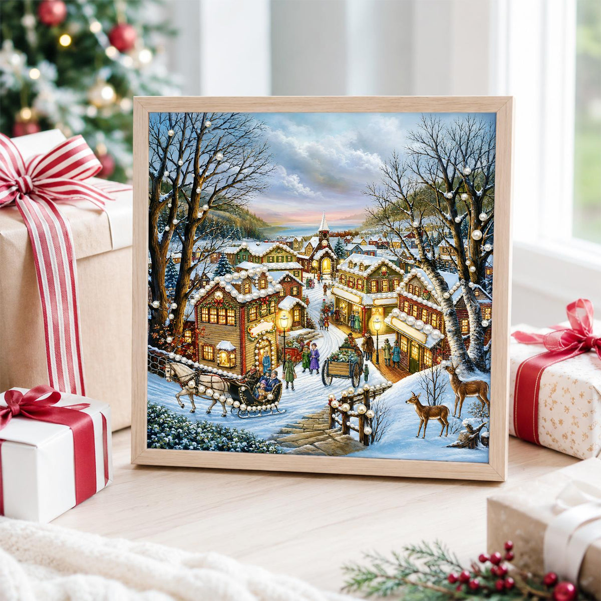 Hillside Hamlet with Deer pearl painting – image 4