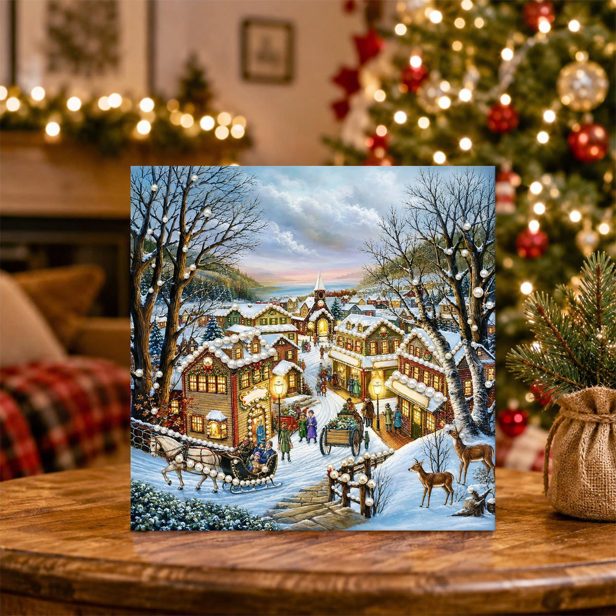 Hillside Hamlet with Deer pearl painting – image 5