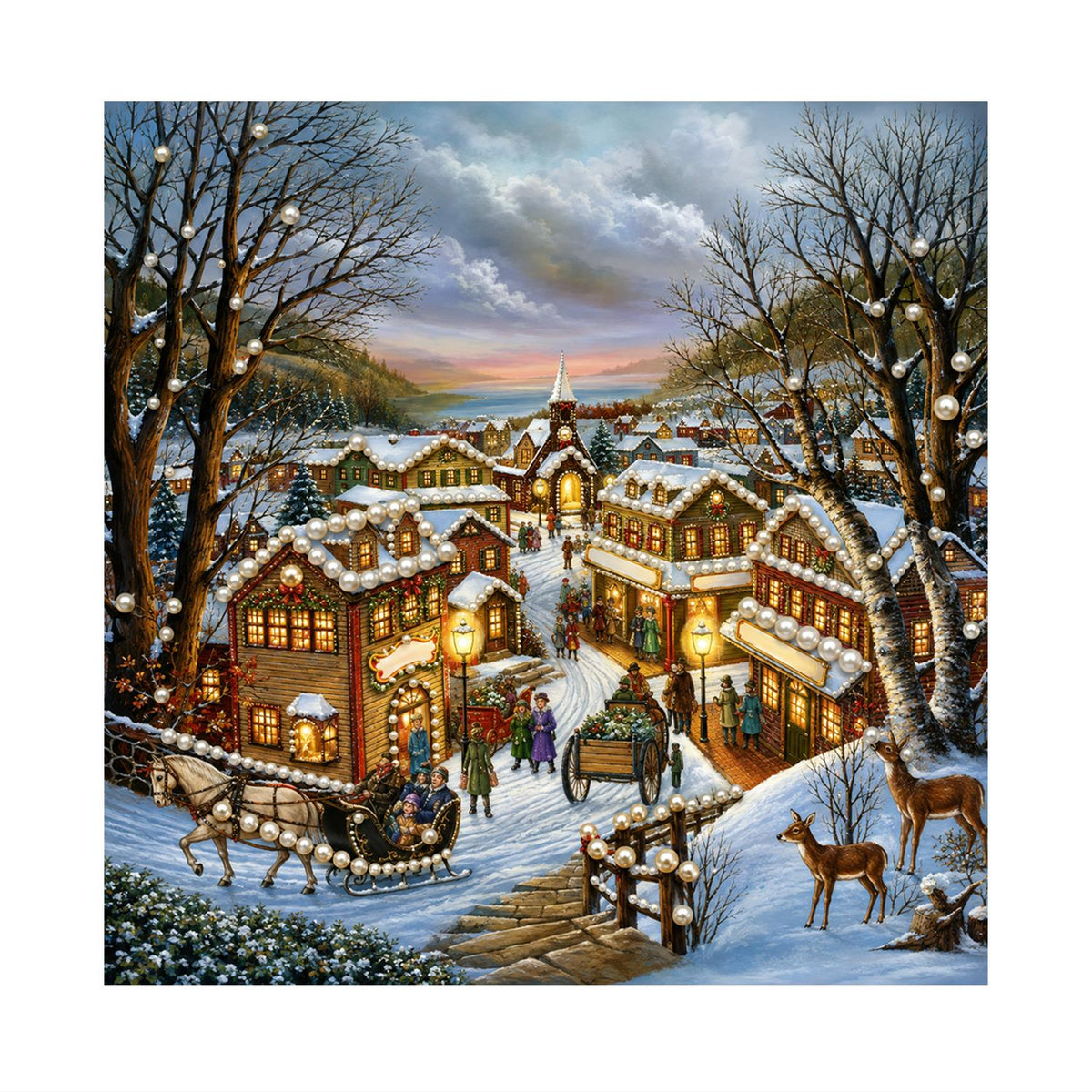 Hillside Hamlet with Deer pearl painting – image 11
