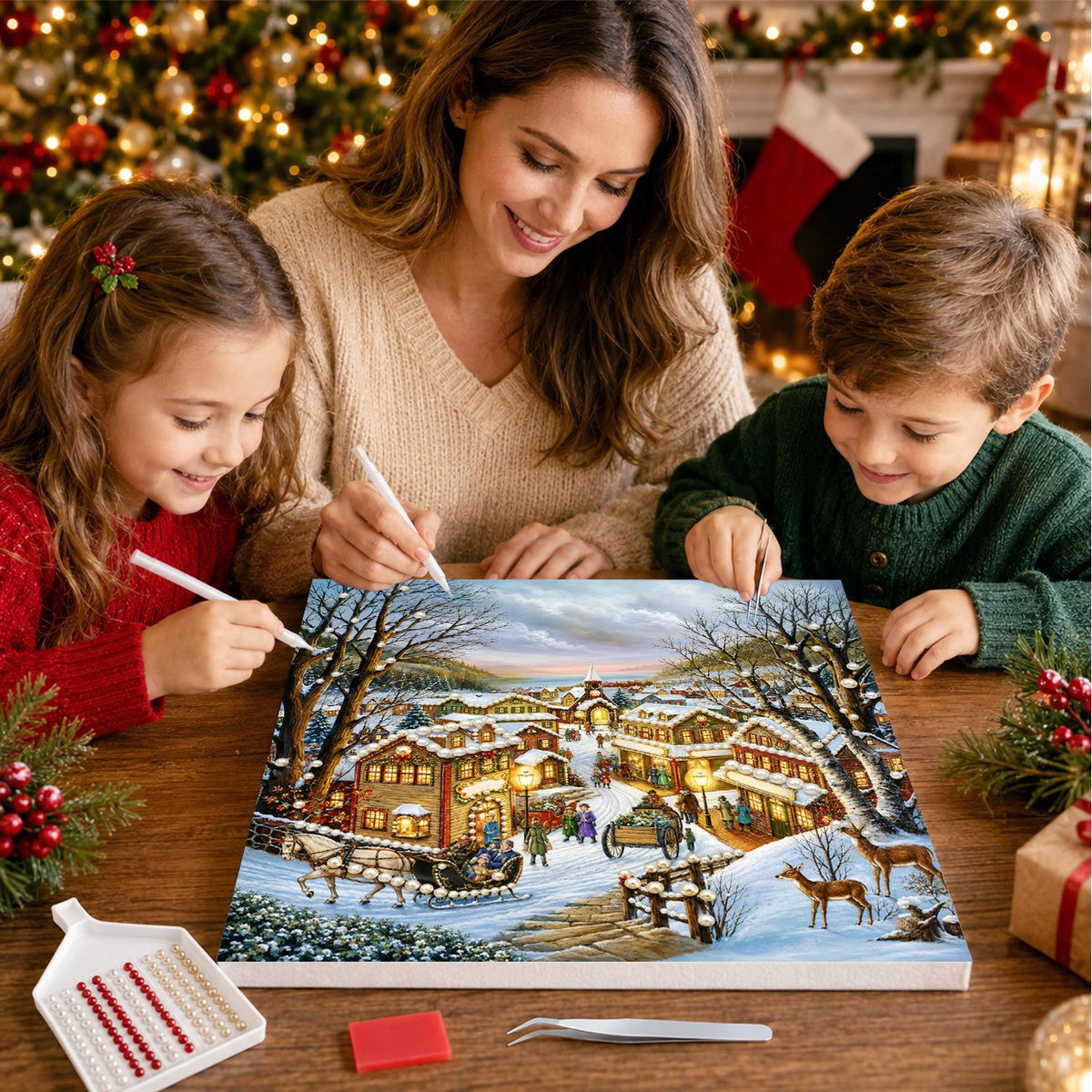 Hillside Hamlet with Deer pearl painting – image 15