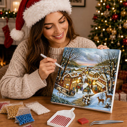 Hillside Hamlet with Deer pearl painting – image 16