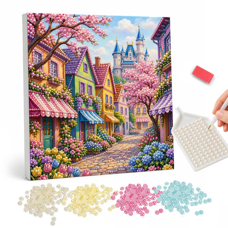 Pearl Painting of a Cherry Blossom Village and Fairytale Castle pearl painting – image 1