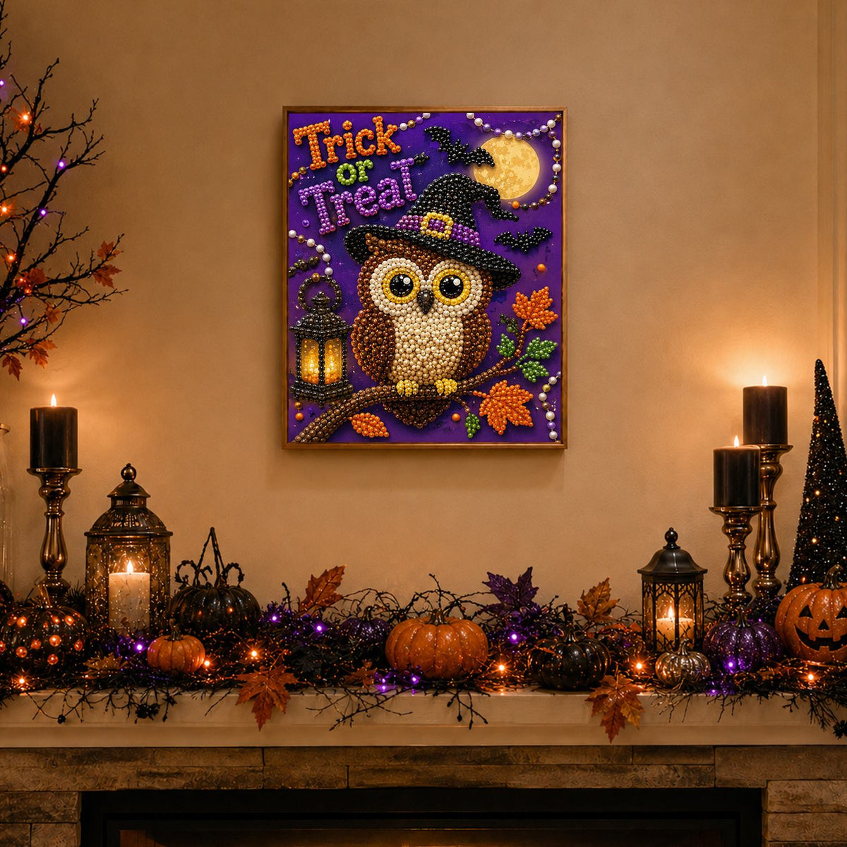 Witch-Hat Owl with Lantern pearl painting – image 3