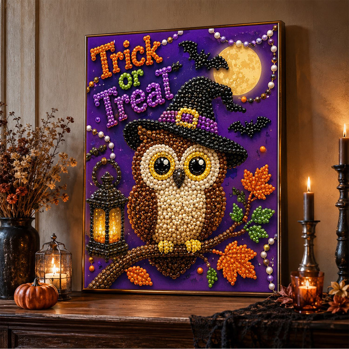 Witch-Hat Owl with Lantern pearl painting – image 5