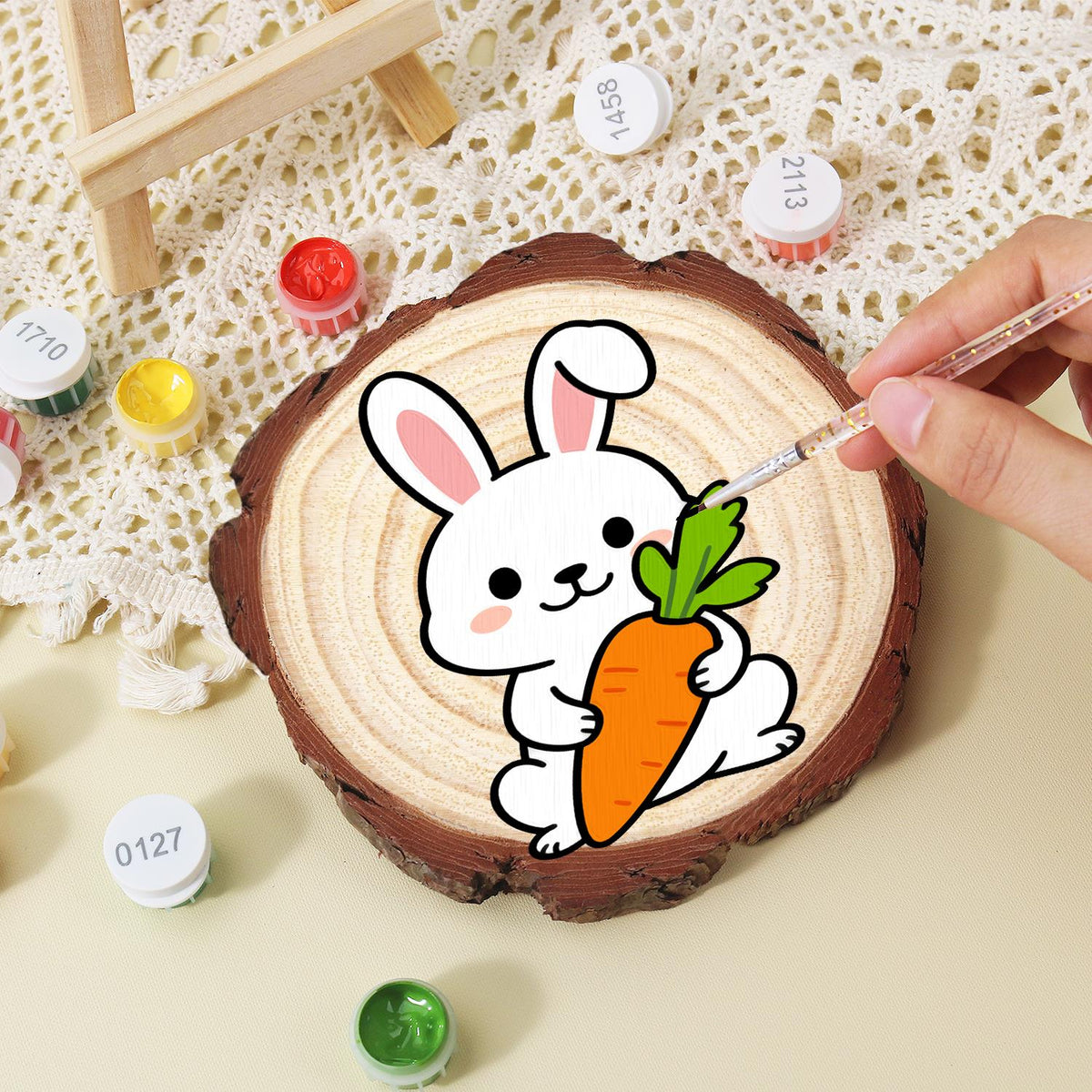 Bunny Hugging a Big Carrot paint by numbers wood slice – image 15
