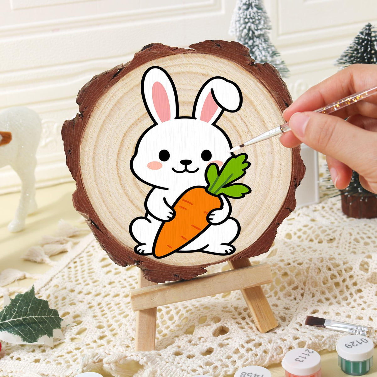 Bunny Hugging a Big Carrot paint by numbers wood slice – image 16