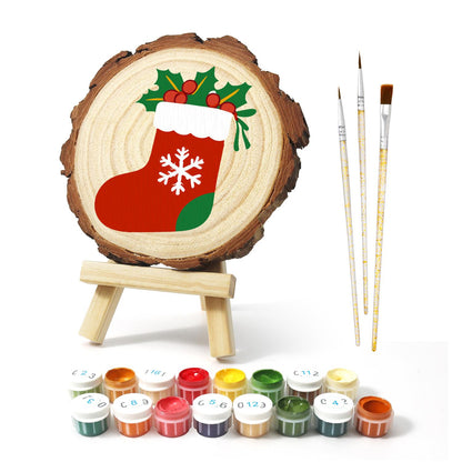 Snowflake Stocking with Holly paint by numbers wood slice – image 2