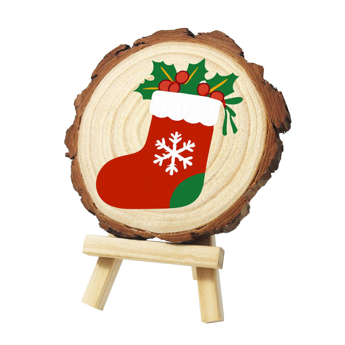 Snowflake Stocking with Holly paint by numbers wood slice – Red stocking with a white snowflake, white cuff and green toe, topped with holly and red berries, painted on a pine slice on a small easel
