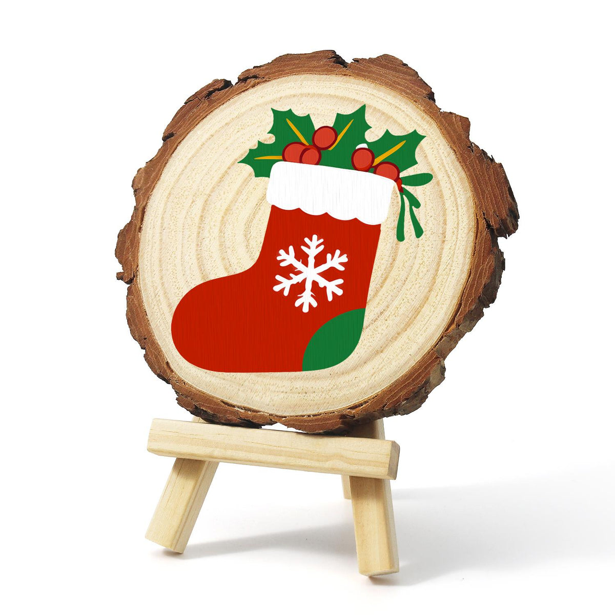 Snowflake Stocking with Holly paint by numbers wood slice – image 3