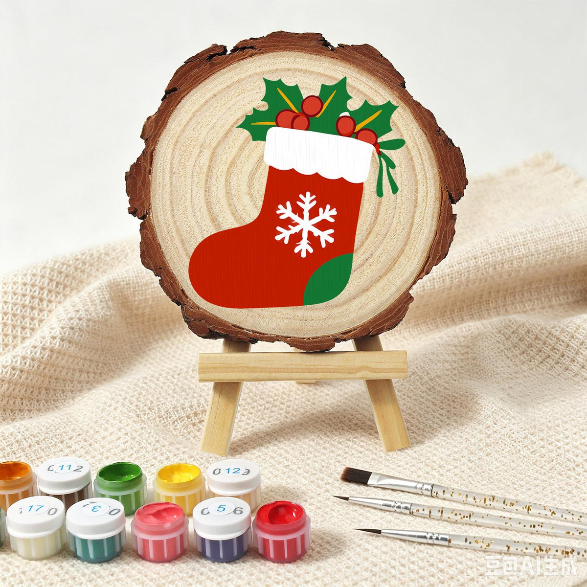 Snowflake Stocking with Holly paint by numbers wood slice – image 4
