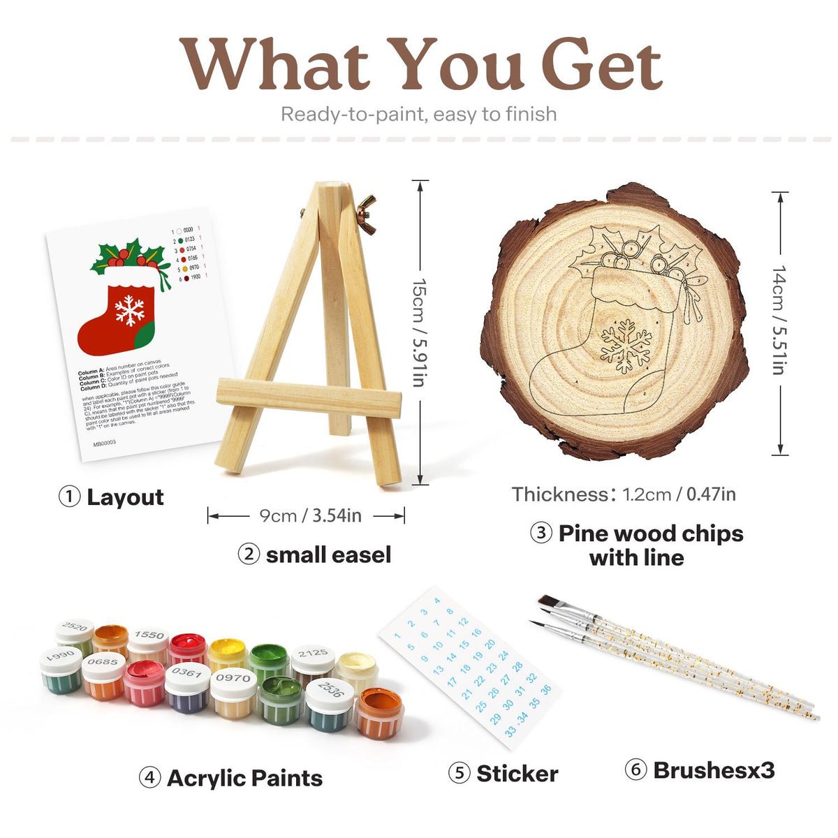 Snowflake Stocking with Holly paint by numbers wood slice – what's in the kit: the pine slice, easel, numbered paints, brushes and layout sheet