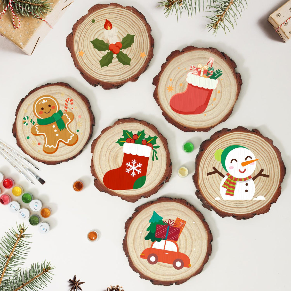 Snowflake Stocking with Holly paint by numbers wood slice – image 10