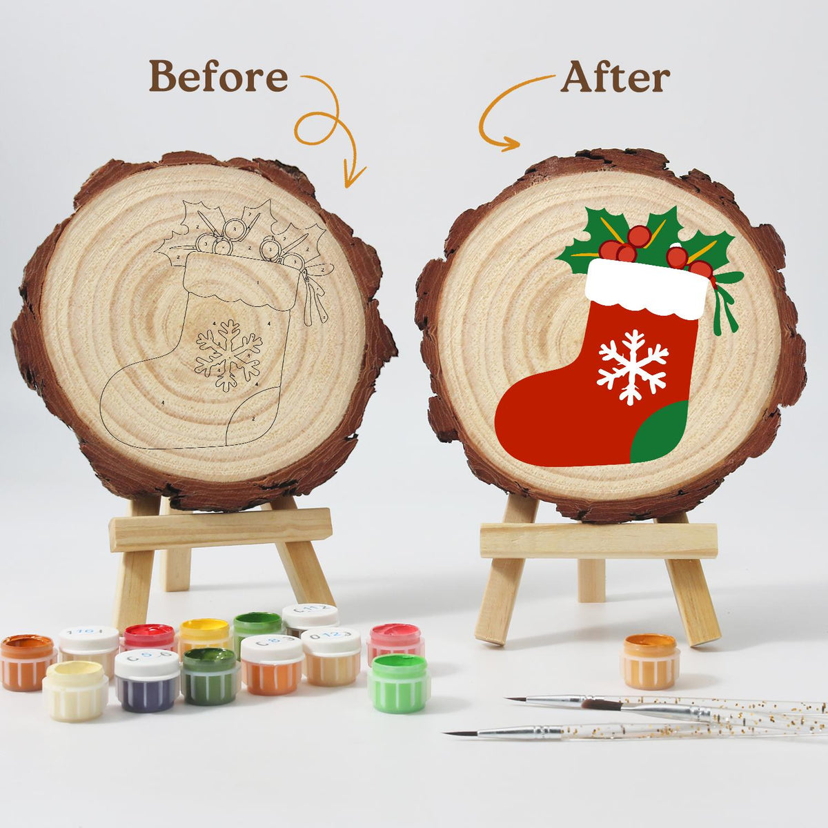 Snowflake Stocking with Holly paint by numbers wood slice – image 12