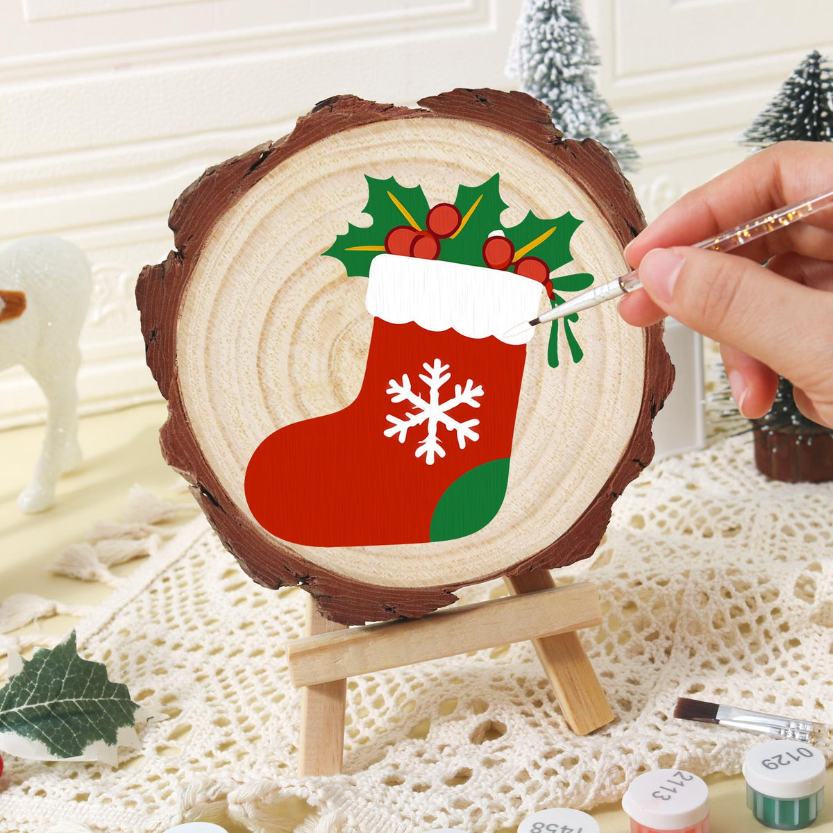 Snowflake Stocking with Holly paint by numbers wood slice – image 16