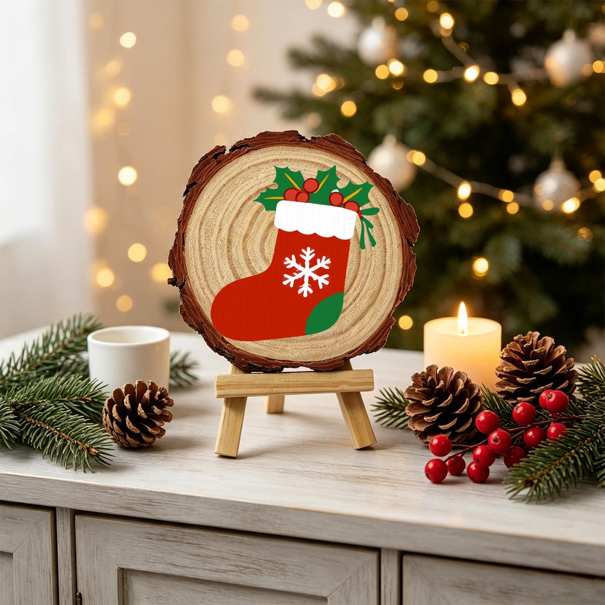 Snowflake Stocking with Holly paint by numbers wood slice – image 19