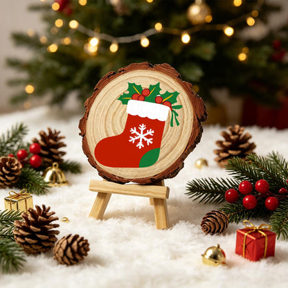 Snowflake Stocking with Holly paint by numbers wood slice – image 21
