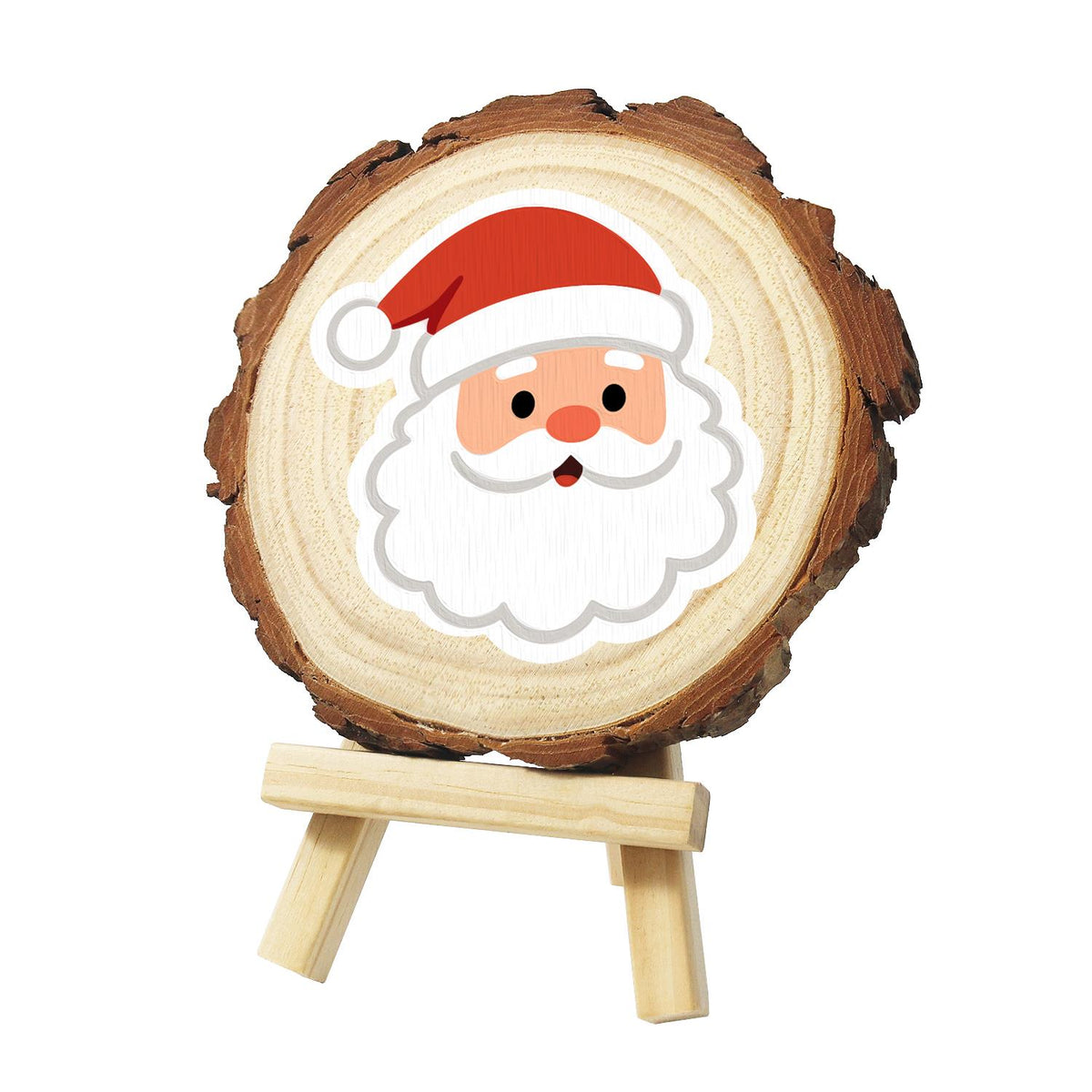 Rosy-Cheeked Santa Face paint by numbers wood slice – Smiling Santa face with rosy cheeks, a red hat and a big fluffy white beard, painted on a pine slice on a small easel