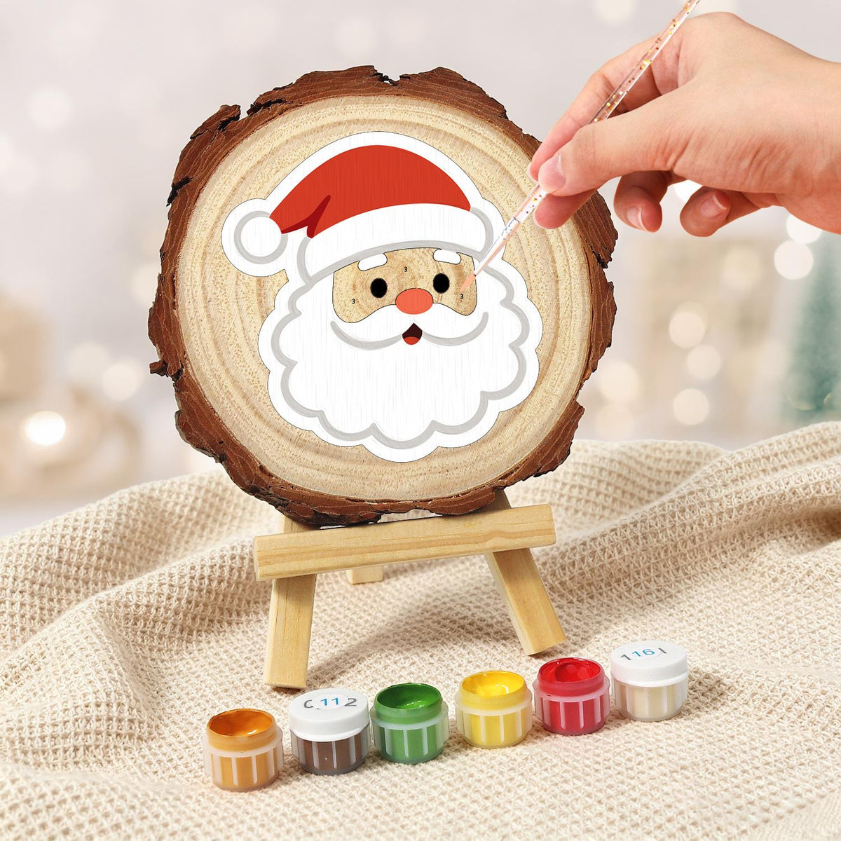 Rosy-Cheeked Santa Face paint by numbers wood slice – image 5
