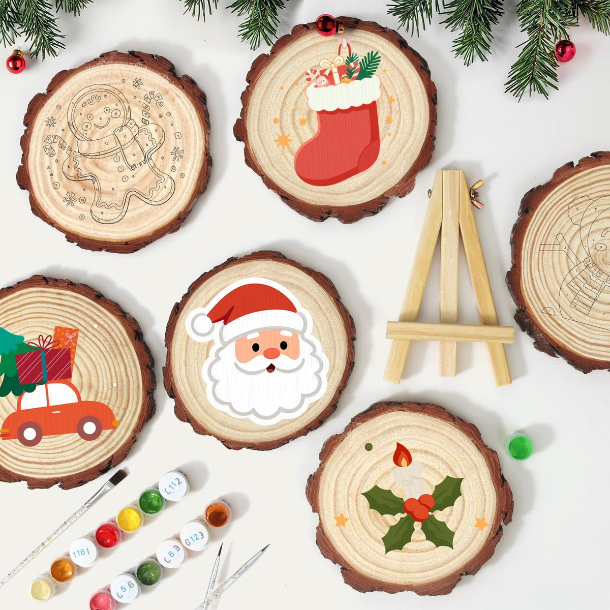 Rosy-Cheeked Santa Face paint by numbers wood slice – image 11