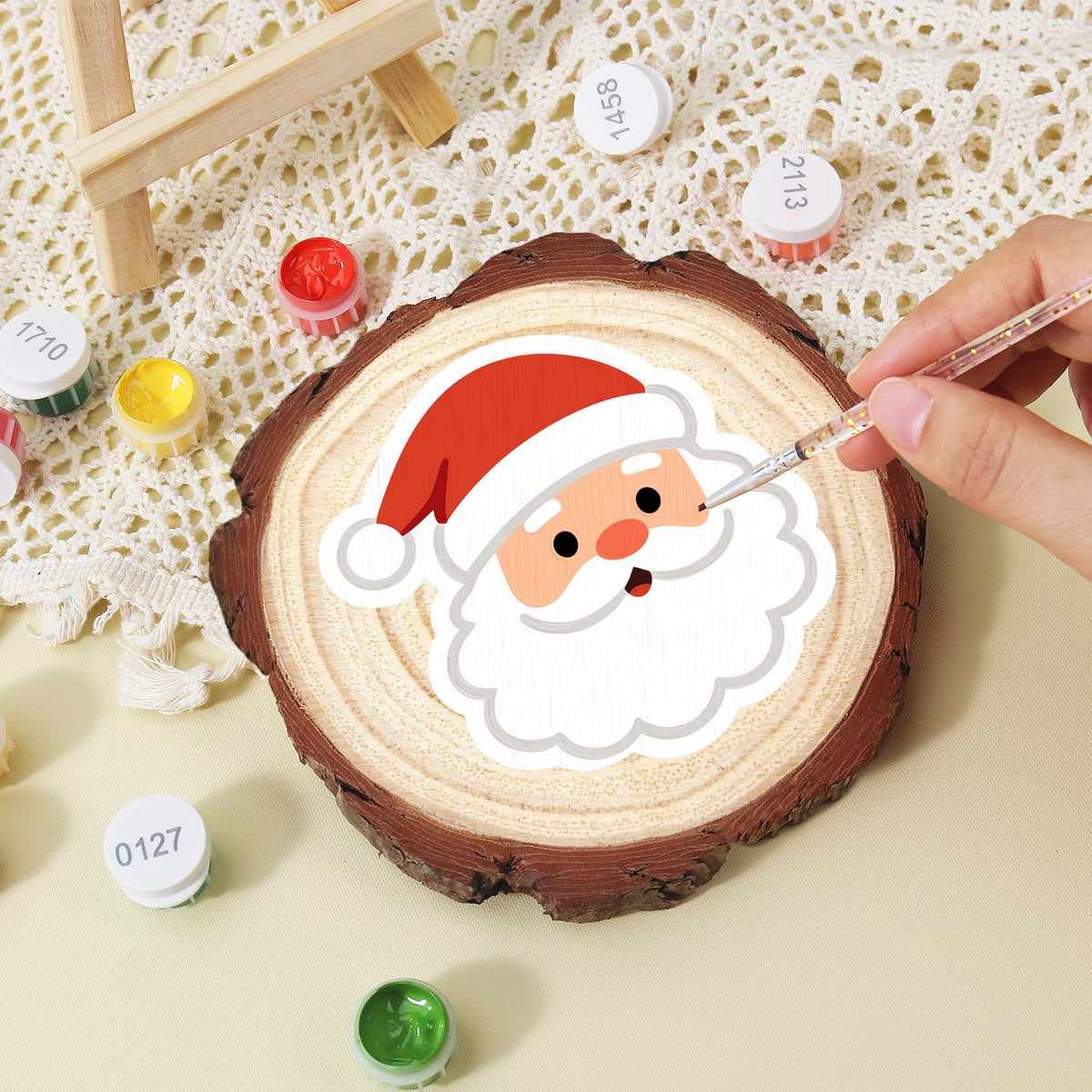 Rosy-Cheeked Santa Face paint by numbers wood slice – image 15