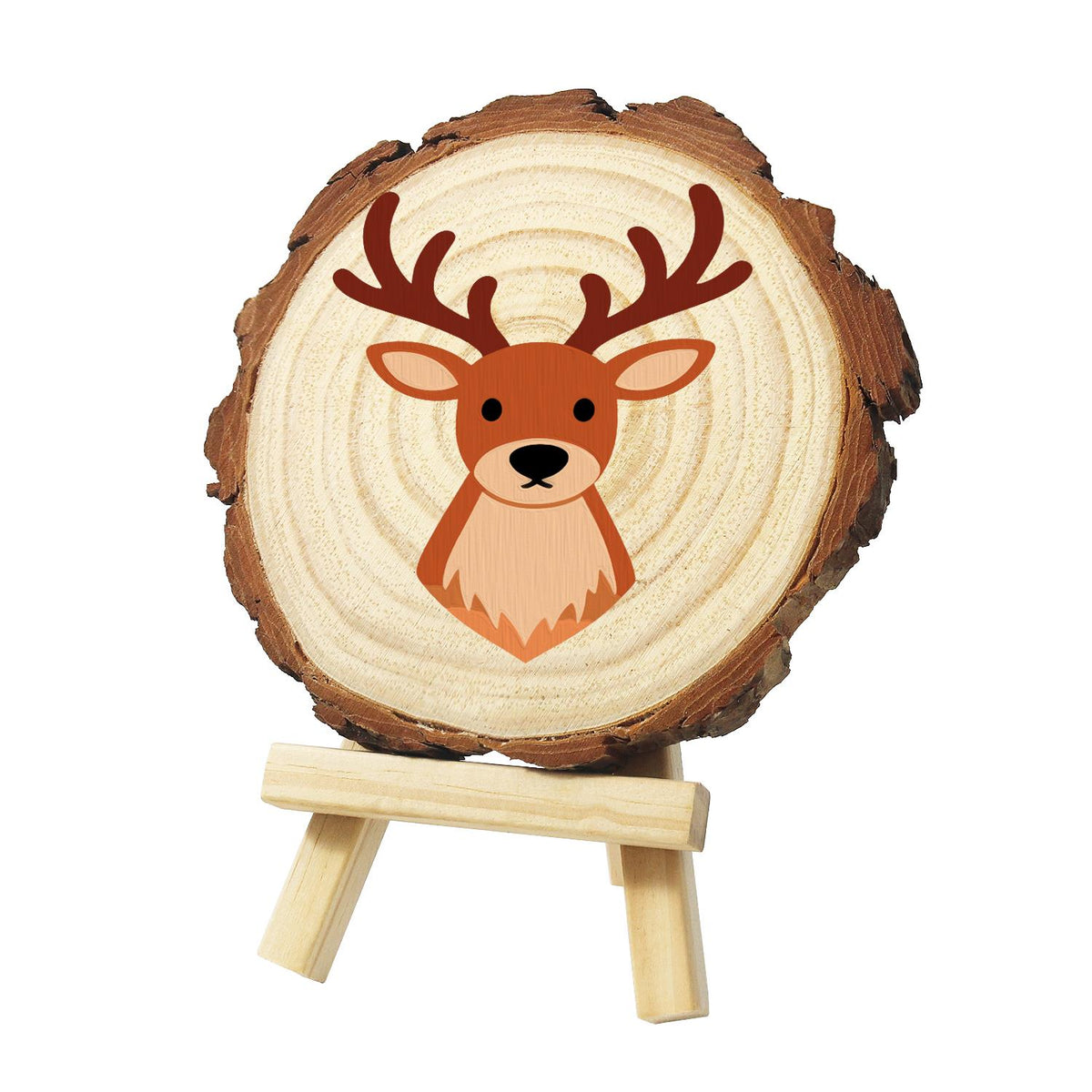 Antlered Stag Portrait paint by numbers wood slice – Front-facing brown deer head and chest with tall branching antlers and a dark nose, painted on a pine slice on a small easel