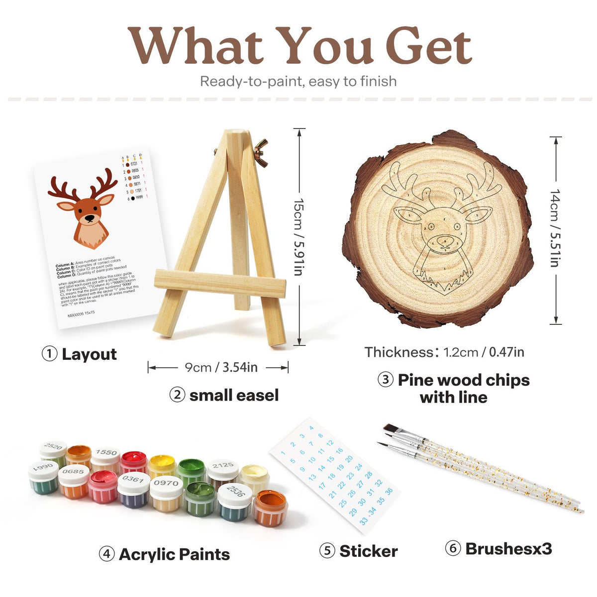 Antlered Stag Portrait paint by numbers wood slice – what's in the kit: the pine slice, easel, numbered paints, brushes and layout sheet