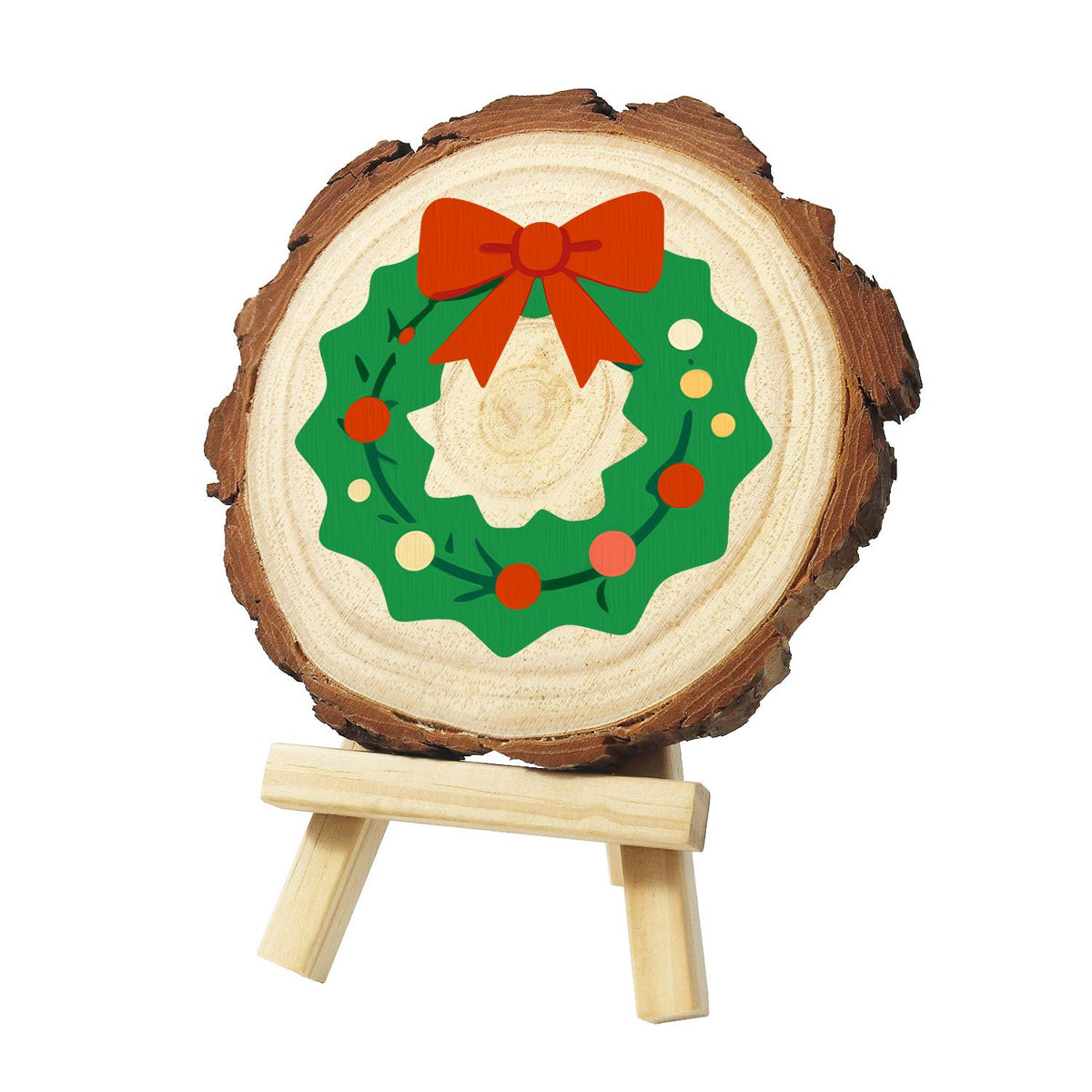 Scalloped Wreath with Red Bow paint by numbers wood slice – Flat green scalloped wreath with a big red bow and red, orange and yellow dots on a vine, painted on a pine slice on a small easel