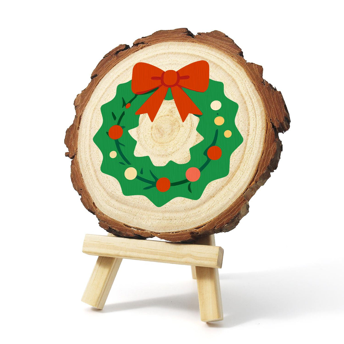 Scalloped Wreath with Red Bow paint by numbers wood slice – image 3
