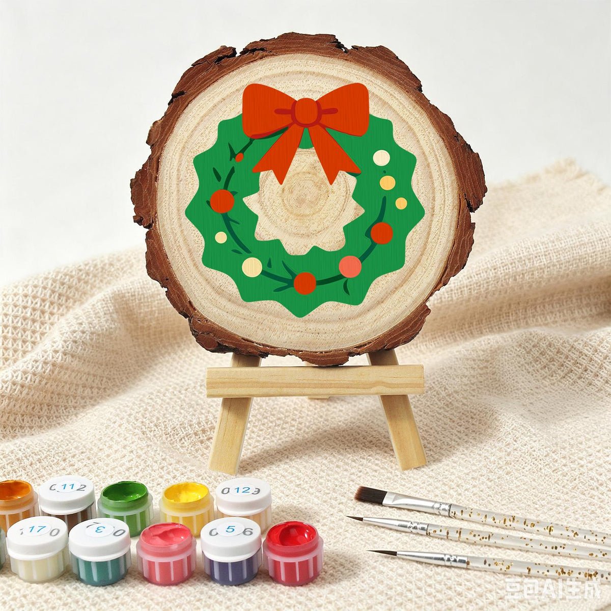 Scalloped Wreath with Red Bow paint by numbers wood slice – image 4