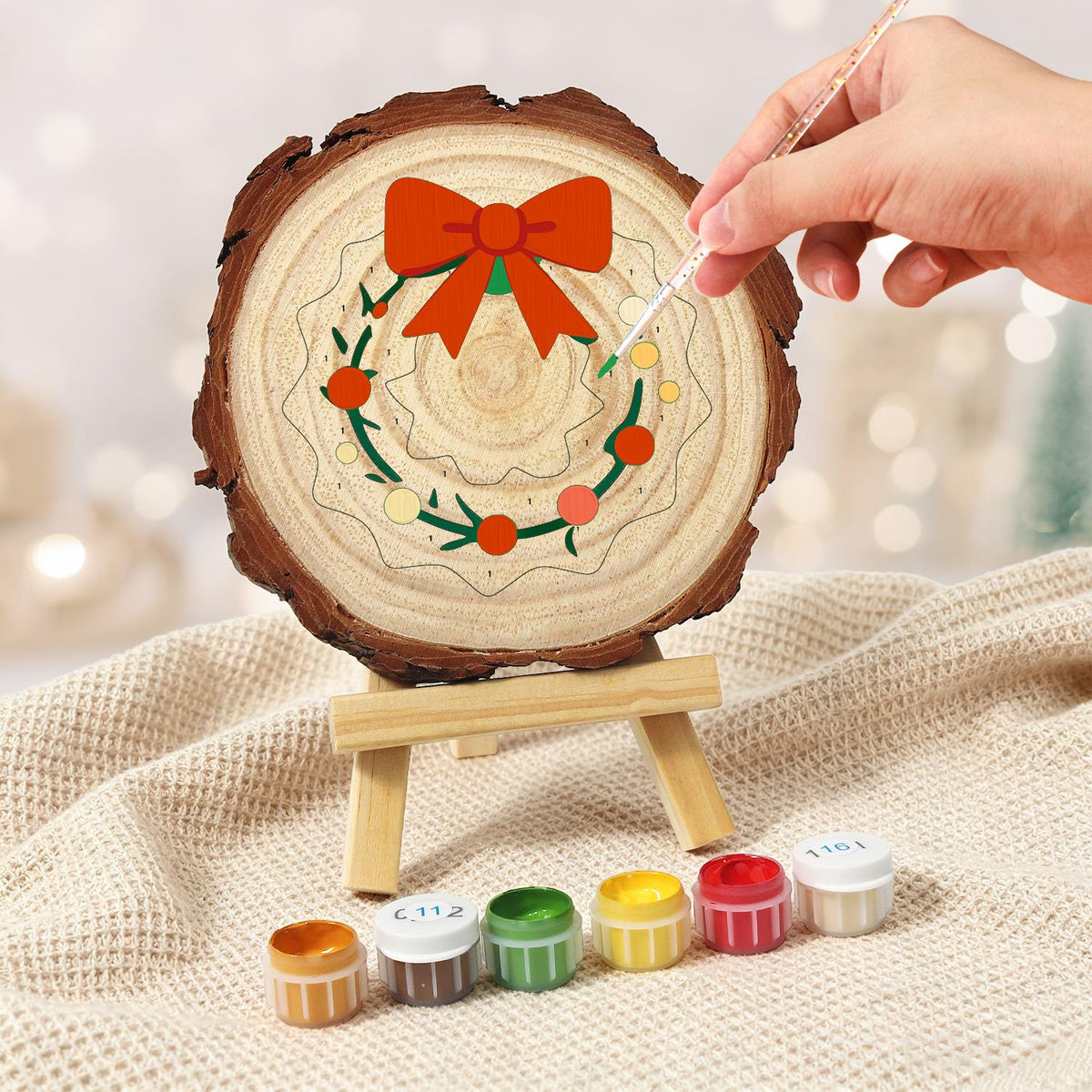 Scalloped Wreath with Red Bow paint by numbers wood slice – image 5