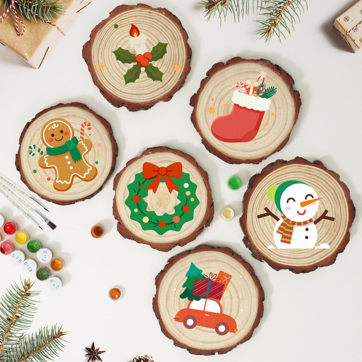 Scalloped Wreath with Red Bow paint by numbers wood slice – image 10