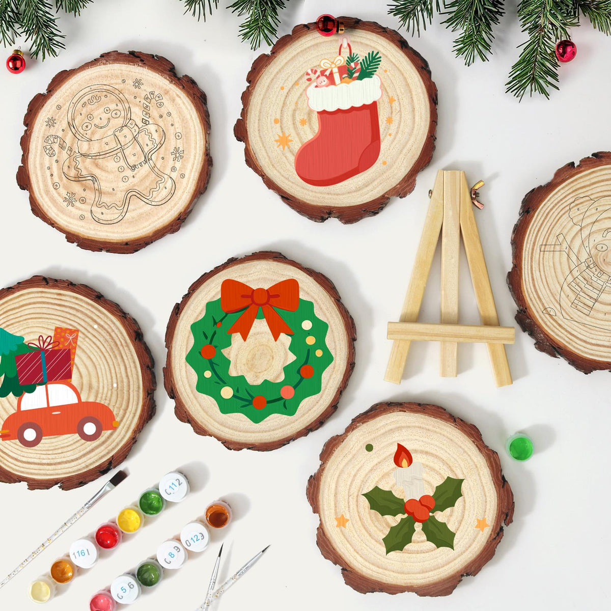 Scalloped Wreath with Red Bow paint by numbers wood slice – image 11
