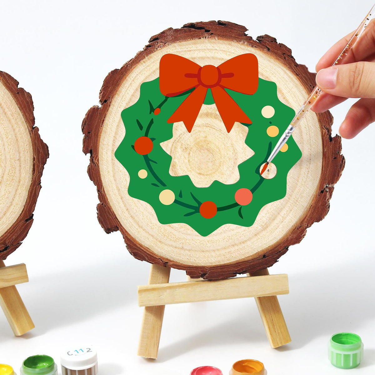 Scalloped Wreath with Red Bow paint by numbers wood slice – image 13
