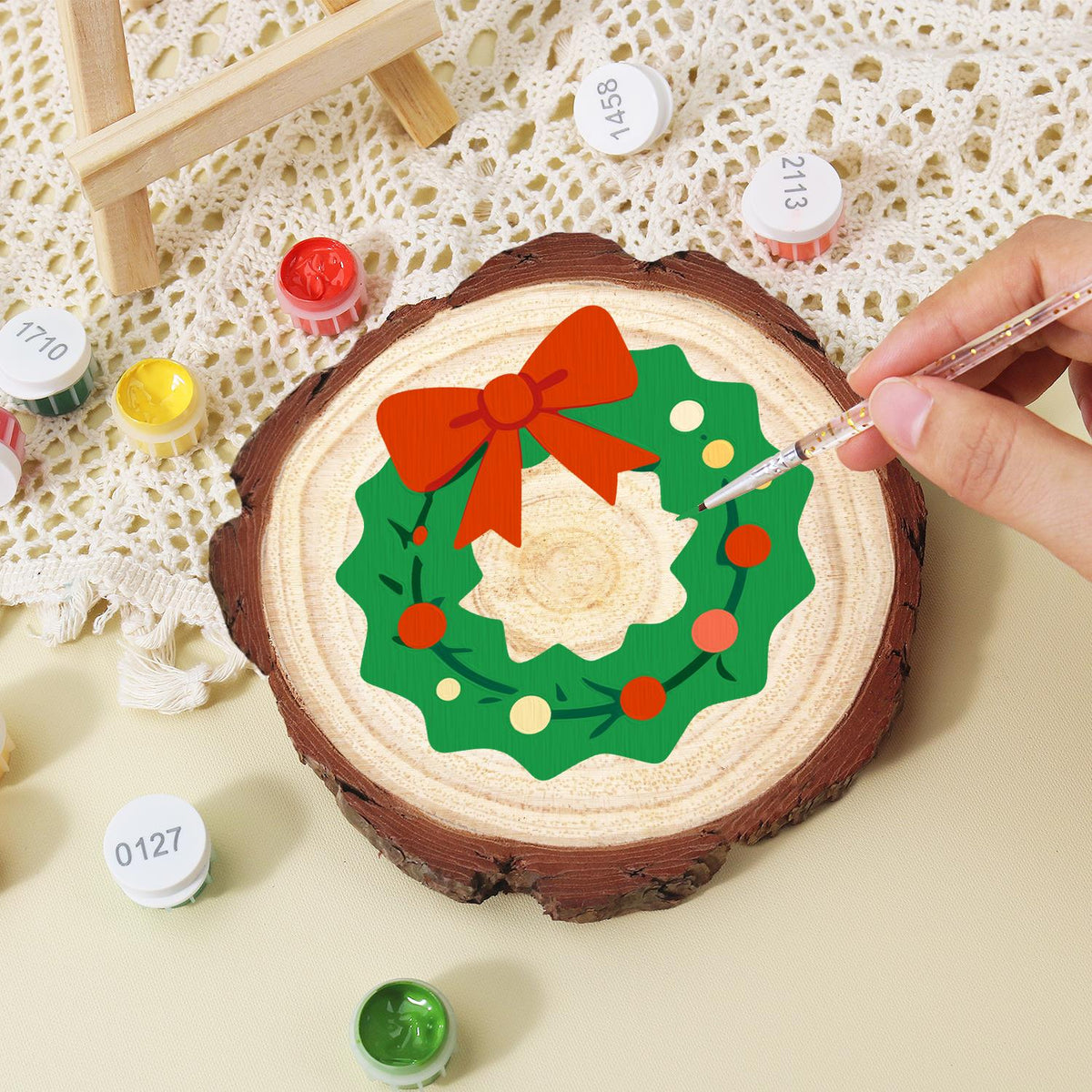 Scalloped Wreath with Red Bow paint by numbers wood slice – image 15
