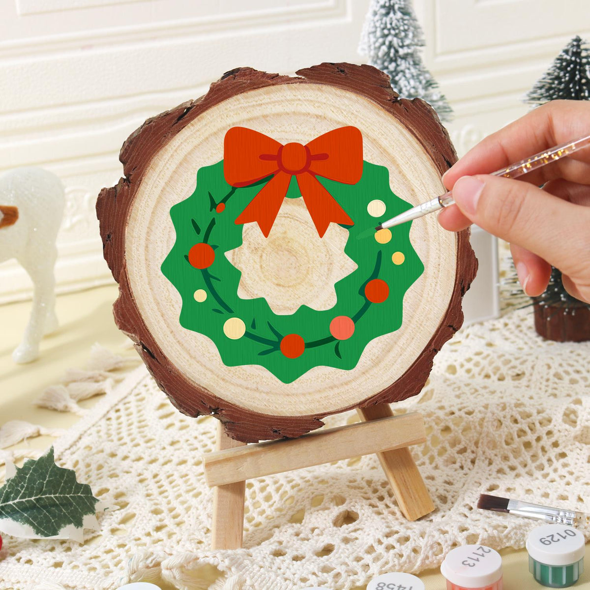 Scalloped Wreath with Red Bow paint by numbers wood slice – image 16