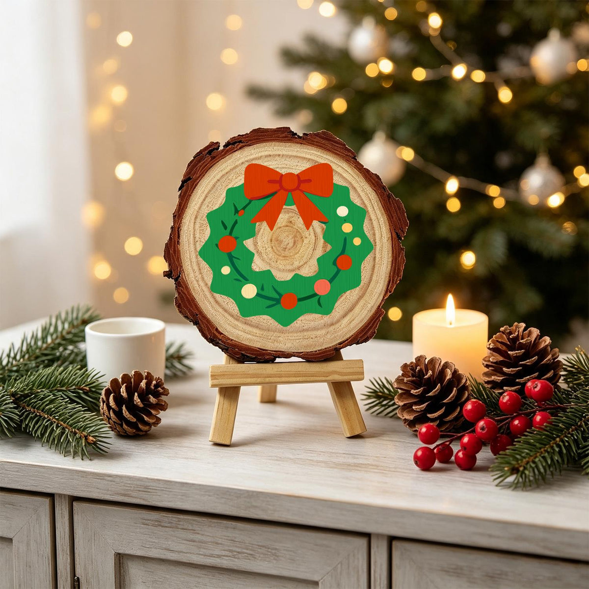 Scalloped Wreath with Red Bow paint by numbers wood slice – image 19