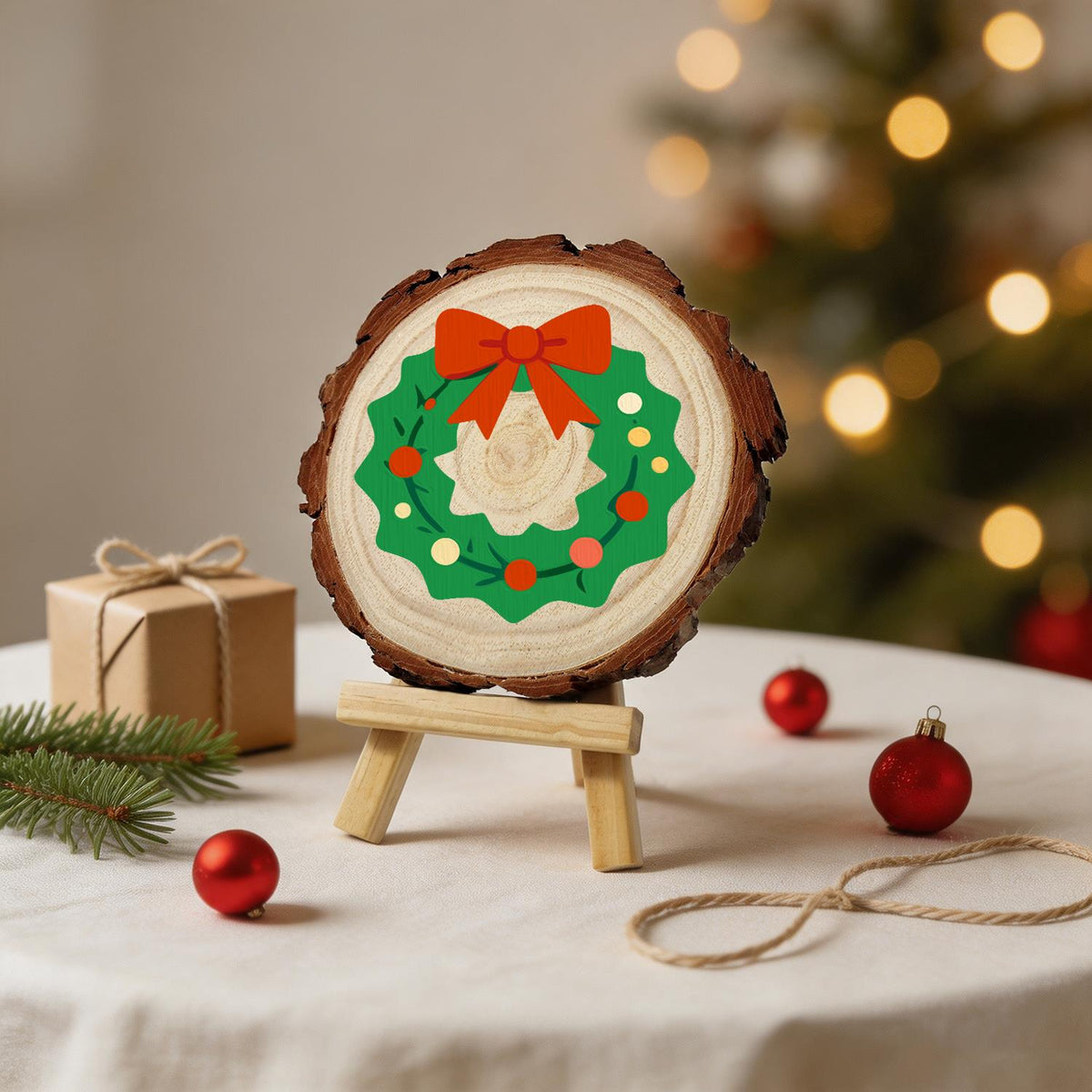 Scalloped Wreath with Red Bow paint by numbers wood slice – image 24