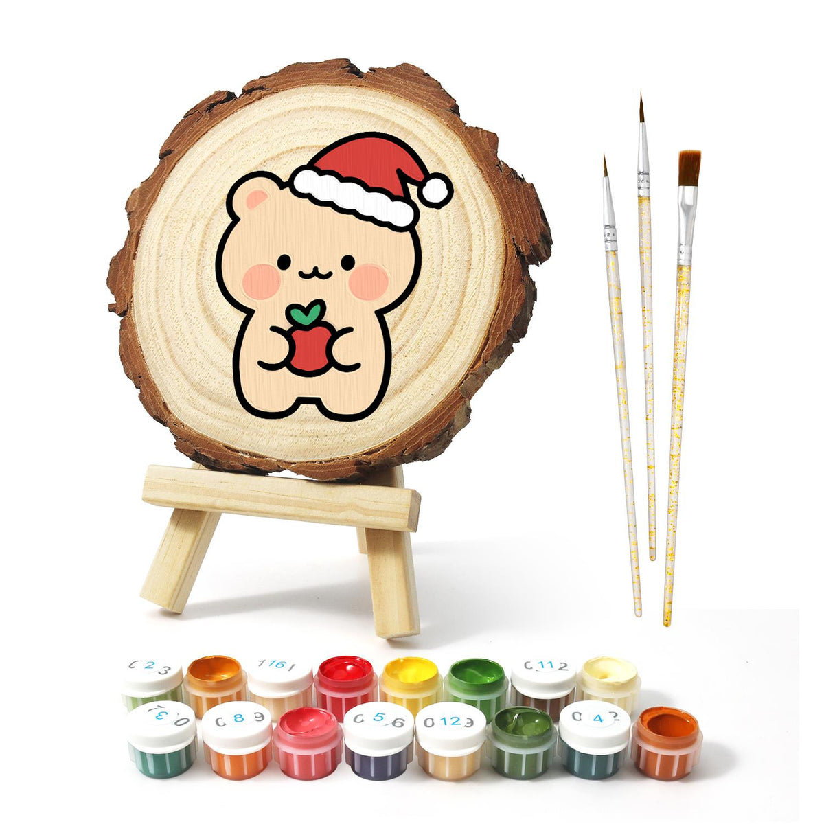 Peach Bear with a Red Apple paint by numbers wood slice – image 2