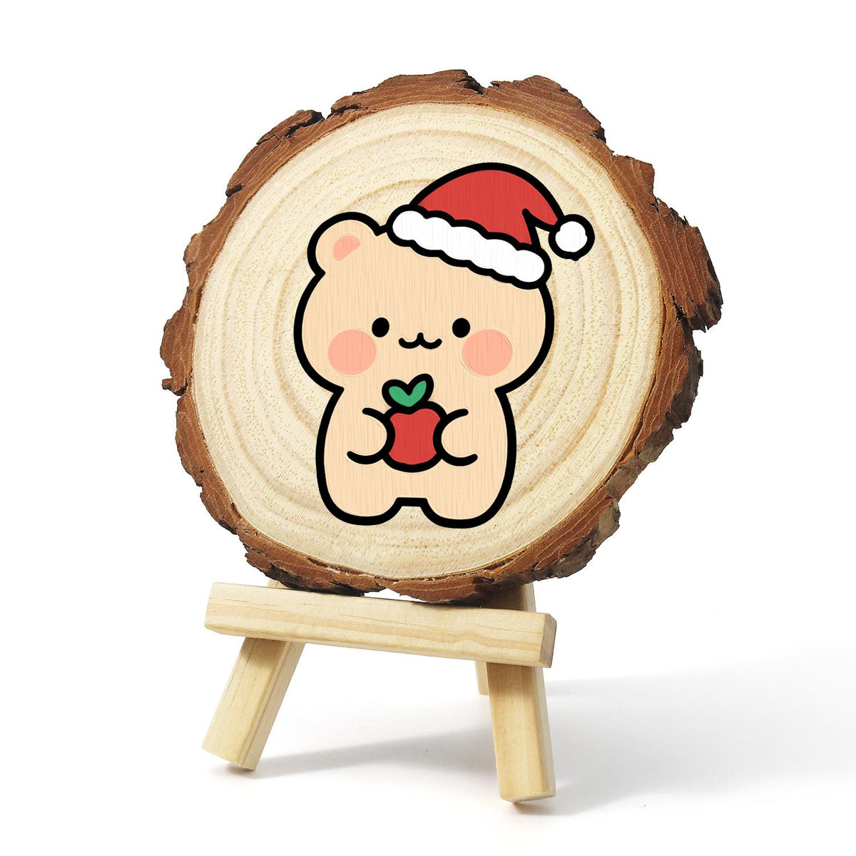 Peach Bear with a Red Apple paint by numbers wood slice – image 3