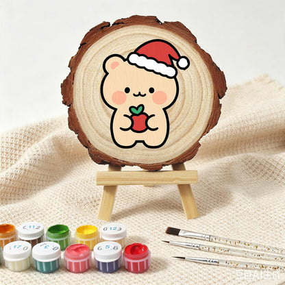 Peach Bear with a Red Apple paint by numbers wood slice – image 4