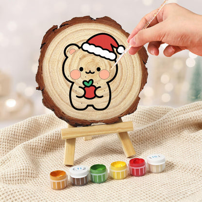 Peach Bear with a Red Apple paint by numbers wood slice – image 5