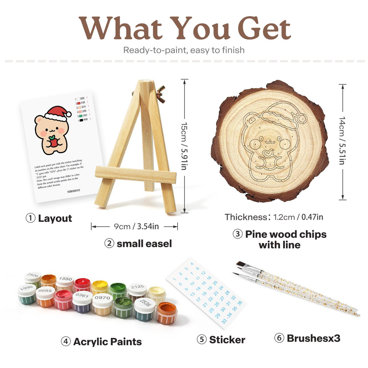 Peach Bear with a Red Apple paint by numbers wood slice – what's in the kit: the pine slice, easel, numbered paints, brushes and layout sheet