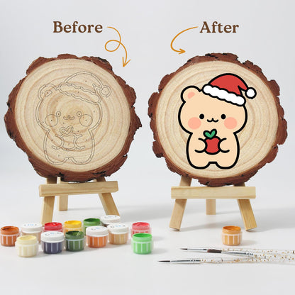 Peach Bear with a Red Apple paint by numbers wood slice – image 12