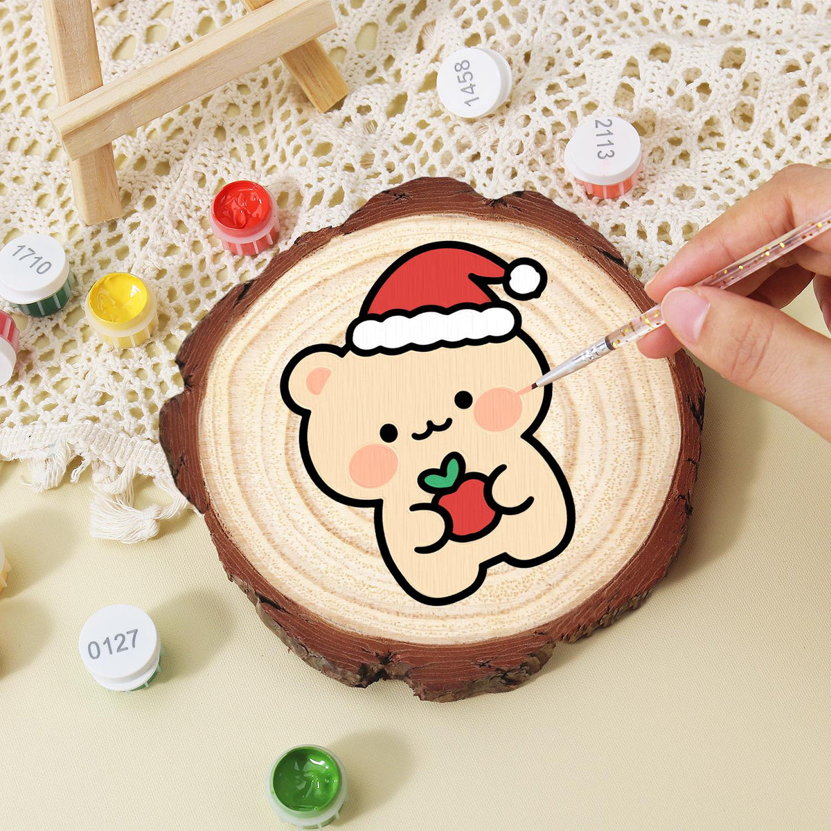 Peach Bear with a Red Apple paint by numbers wood slice – image 15