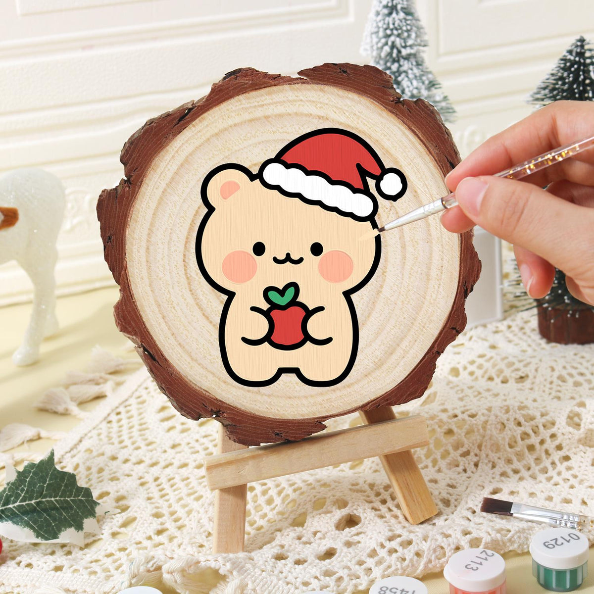 Peach Bear with a Red Apple paint by numbers wood slice – image 16