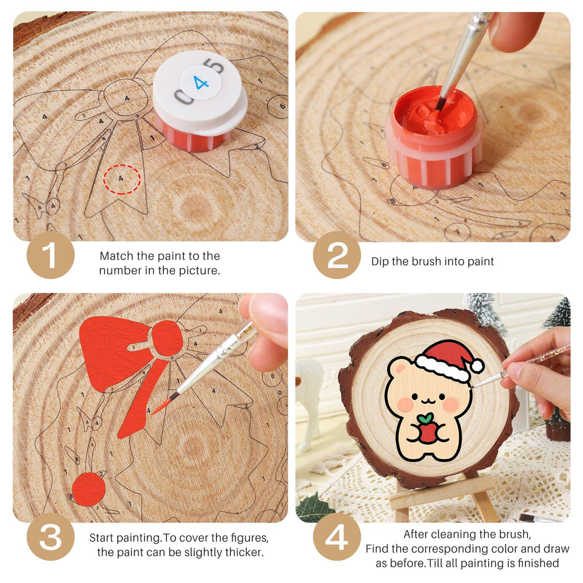 Peach Bear with a Red Apple paint by numbers wood slice – image 17