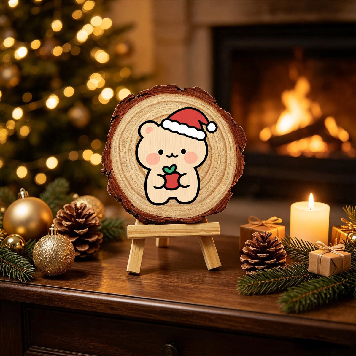 Peach Bear with a Red Apple paint by numbers wood slice – image 20