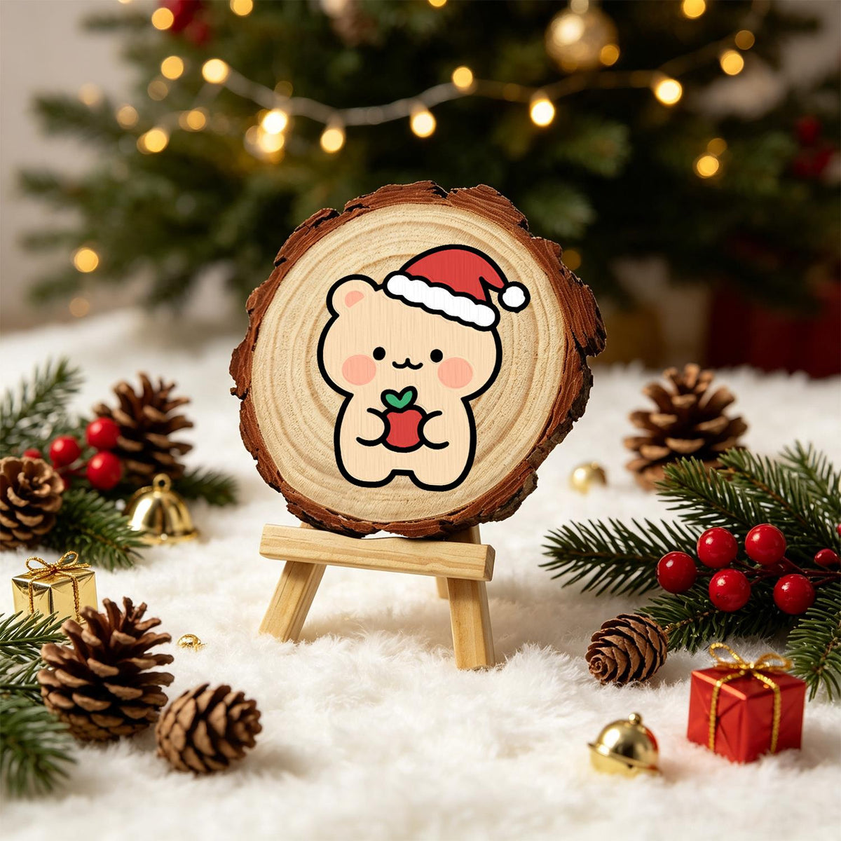 Peach Bear with a Red Apple paint by numbers wood slice – image 21