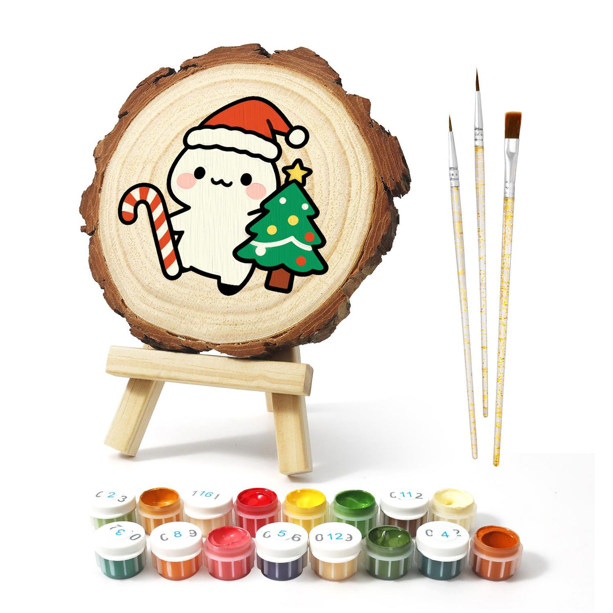 Candy Cane Pal Beside a Tree paint by numbers wood slice – image 2