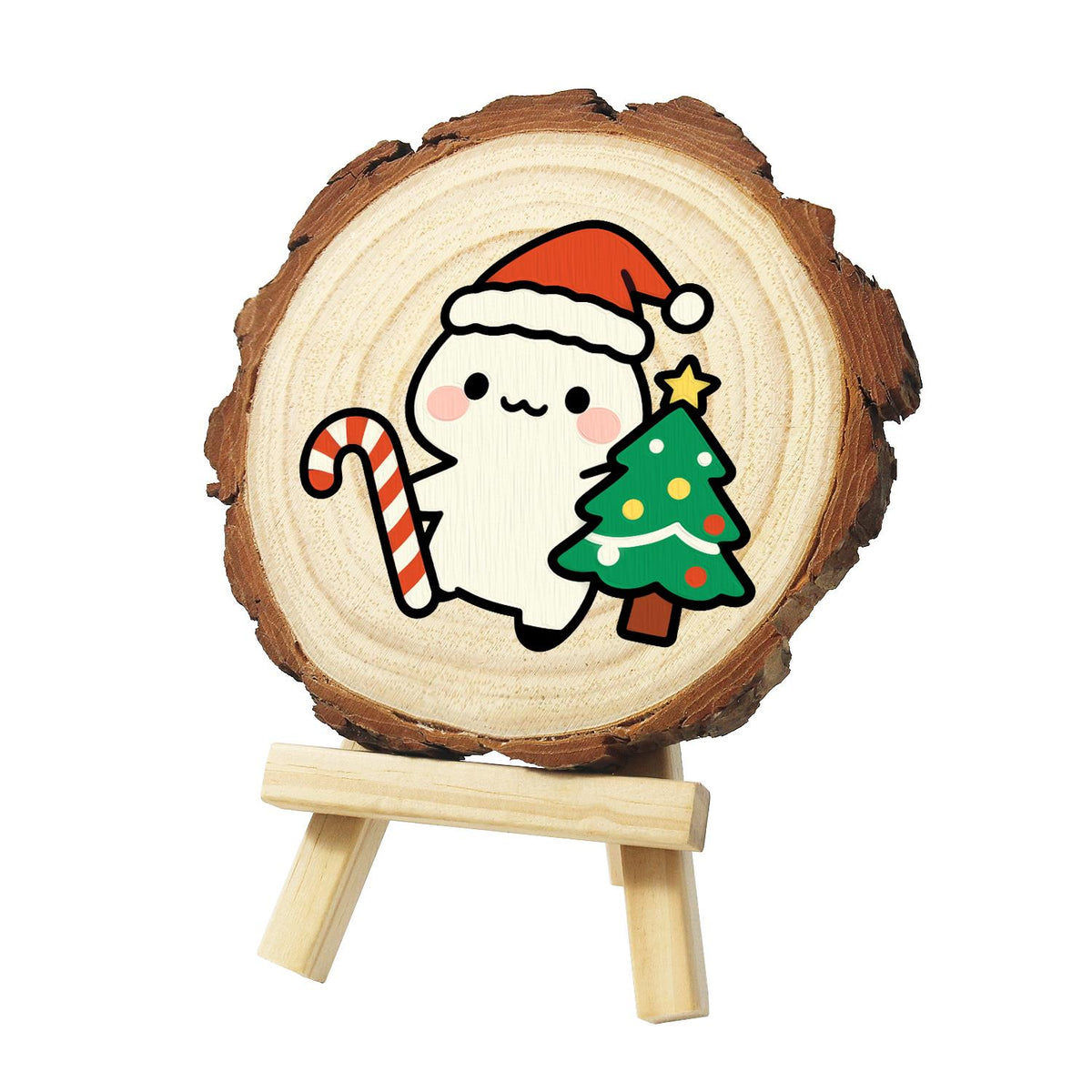 Candy Cane Pal Beside a Tree paint by numbers wood slice – Round white character in a Santa hat holding a candy cane next to a small star-topped tree, painted on a pine slice on a small easel